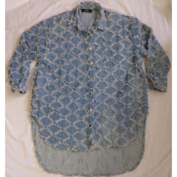 Akira Denim Jacket Long Oversized Fringe Hi Lo Boho Women's Size M - Picture 1 of 13